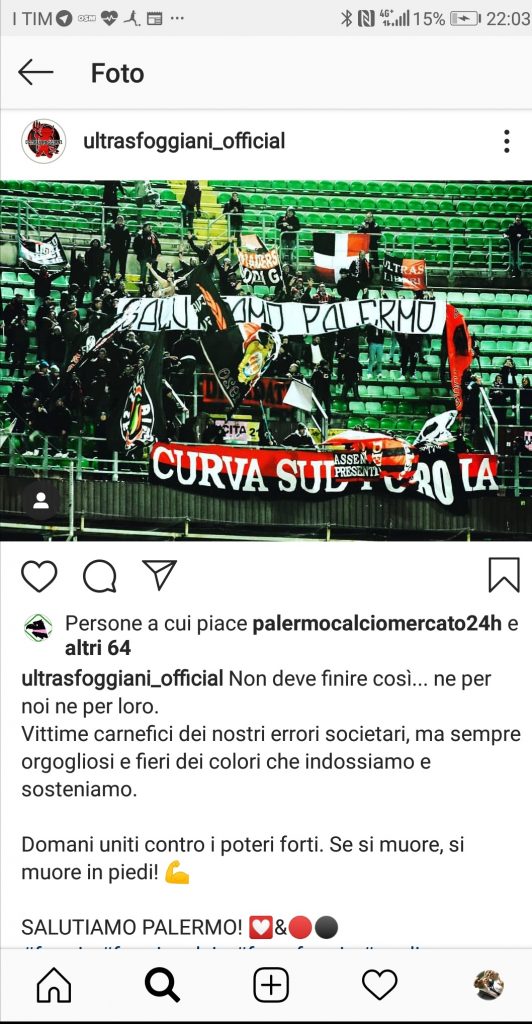 Gli ultras foggiani sostengono Palermo: “Domani uniti contro i poteri forti. Salutiamo Palermo!”